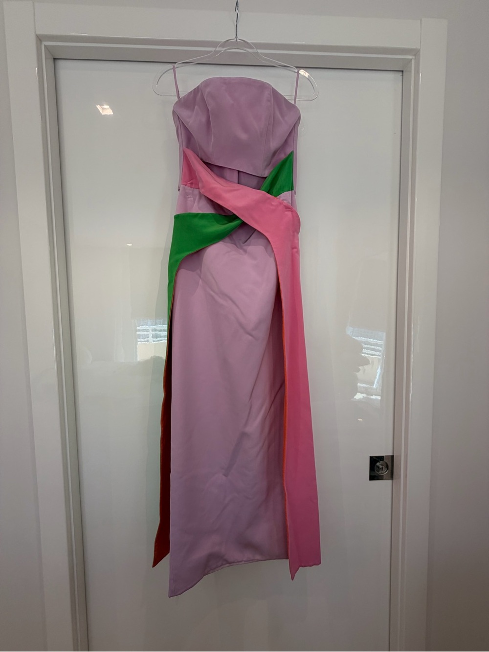 Strapless Pink Maxi Dress with Green and Bright Pink Sash